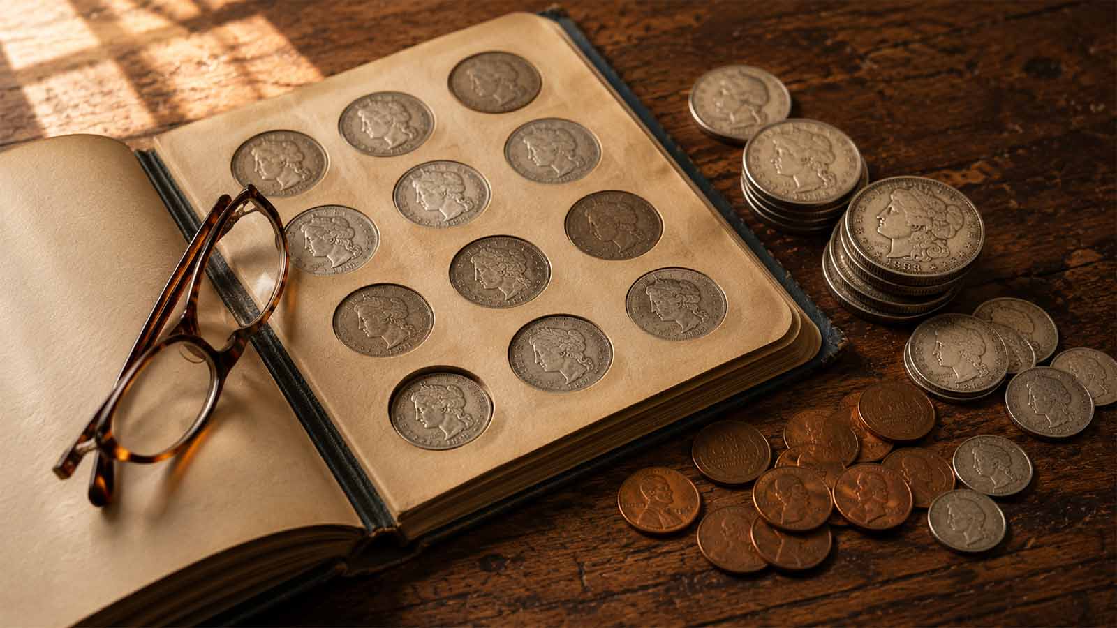 Open vintage coin album on a kitchen table with silver coins and reading glasses nearby
