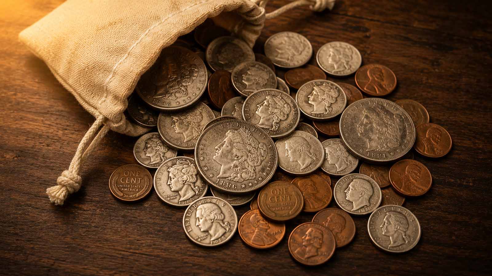 Vintage US coins spilling from a canvas pouch onto a dark wood table